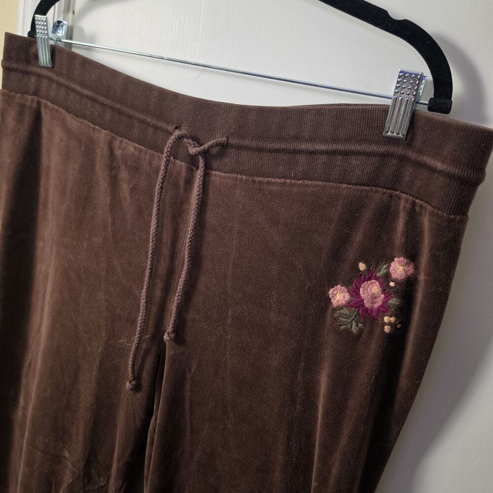 Vintage Womens Embroidered Brown Cotton Flare Velour Jogger Sweatpants Sz XL Y2K
